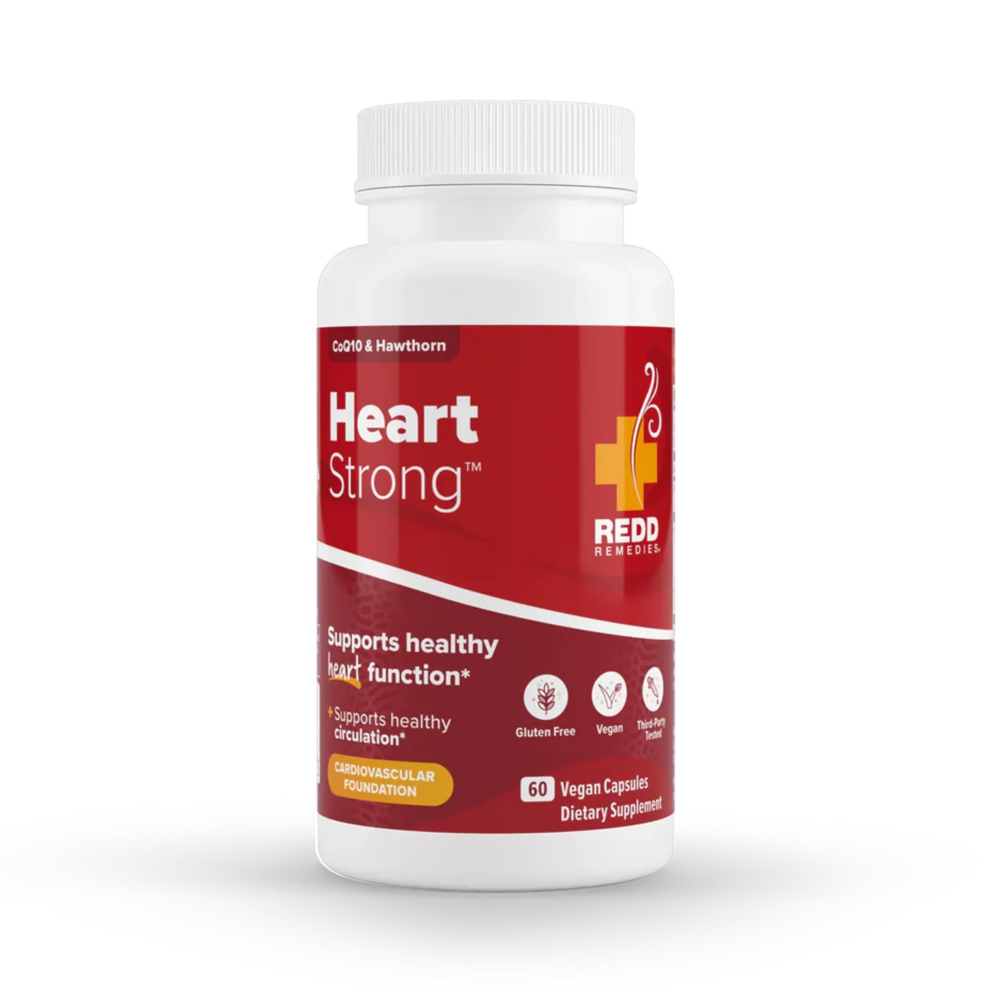 Redd Remedies Heart Strong bottle closeup showing vegan tablets for daily heart support