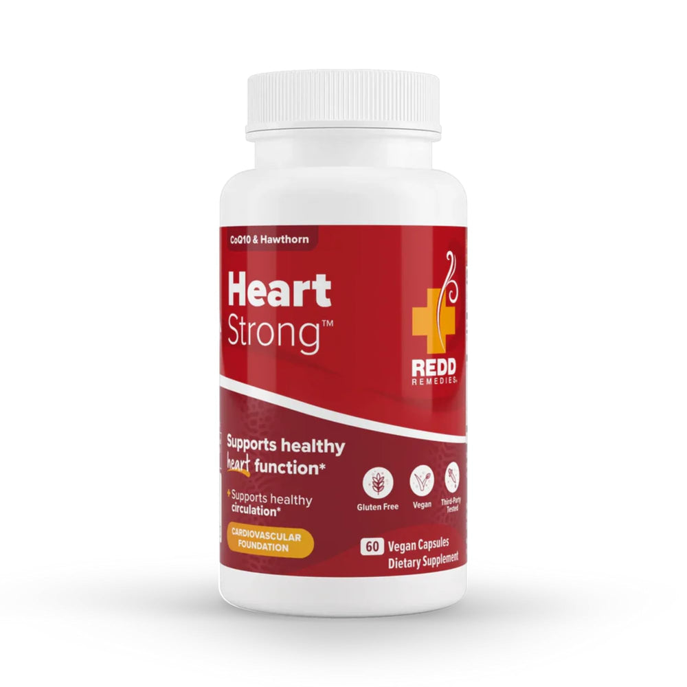 Redd Remedies Heart Strong bottle closeup showing vegan tablets for daily heart support