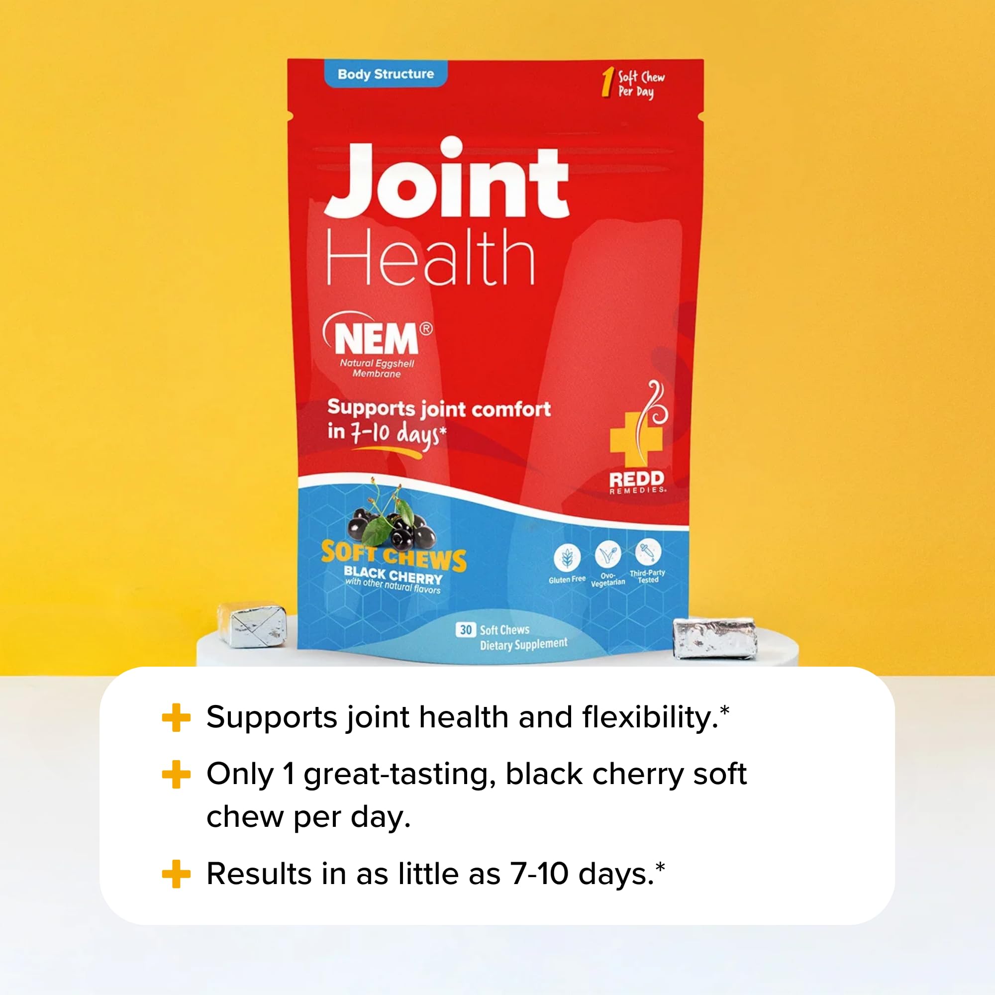Gluten-free, vegetarian symbol on Redd Remedies Joint Health Original packaging.