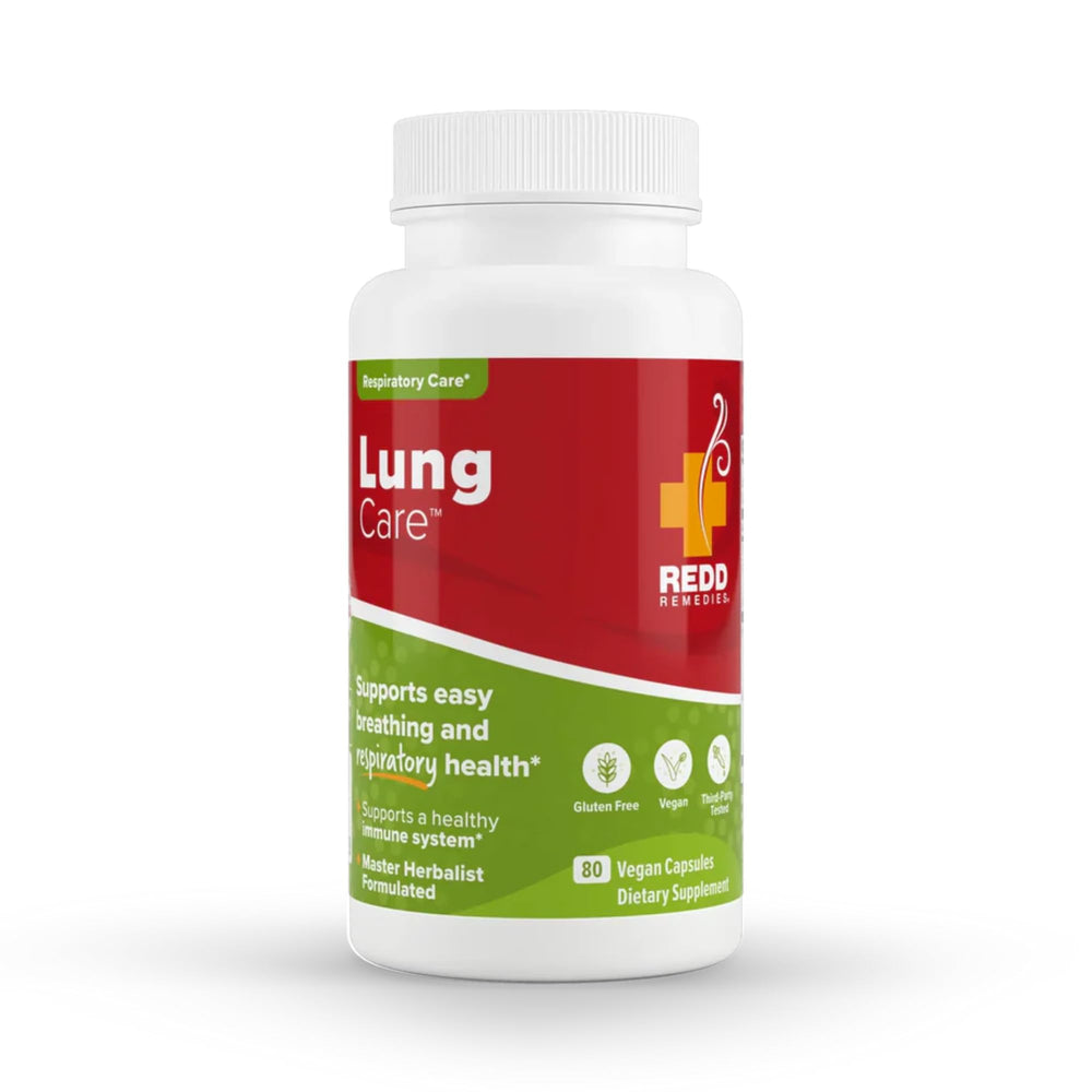 Redd Remedies Lung Care bottle pour showing capsules for easier breathing support.