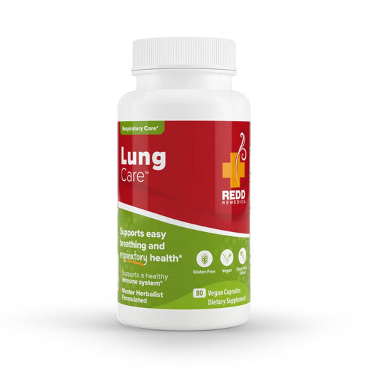 Redd Remedies Lung Care bottle pour showing capsules for easier breathing support.