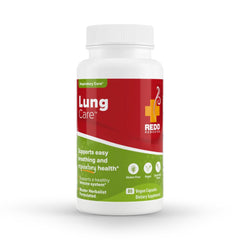 Redd Remedies Lung Care bottle pour showing capsules for easier breathing support.