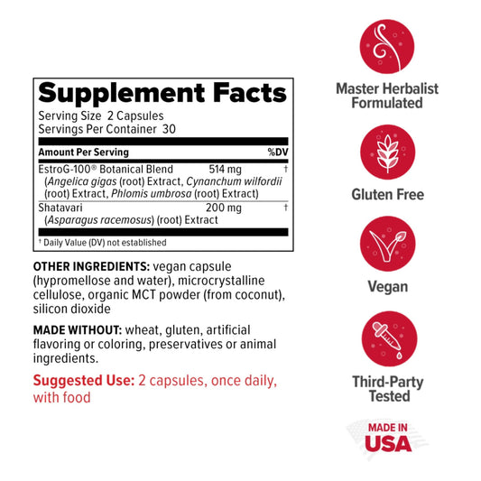 Redd Remedies MenoWise bottle side view highlighting vegan, non-GMO capsules