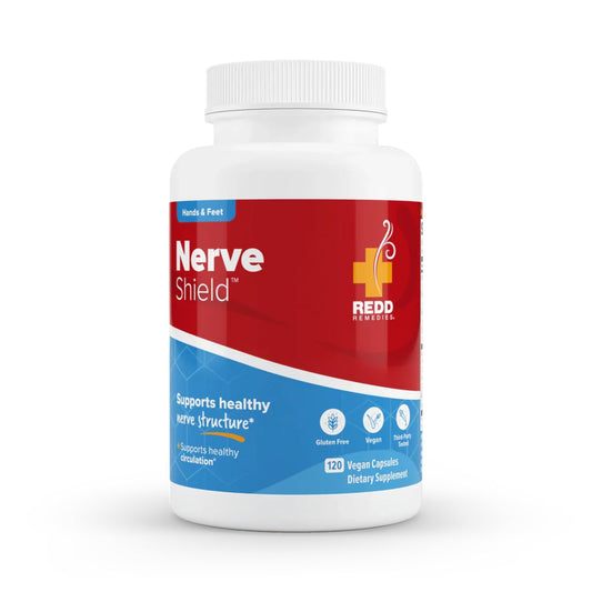 Redd Remedies Nerve Shield bottle with capsules for nerve health support.