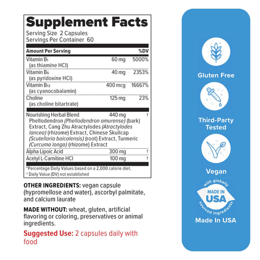 Close-up of Redd Remedies Nerve Shield capsules, vegan formula.