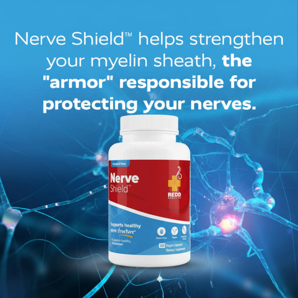 Redd Remedies Nerve Shield ingredient panel shows amino acids and vitamins.