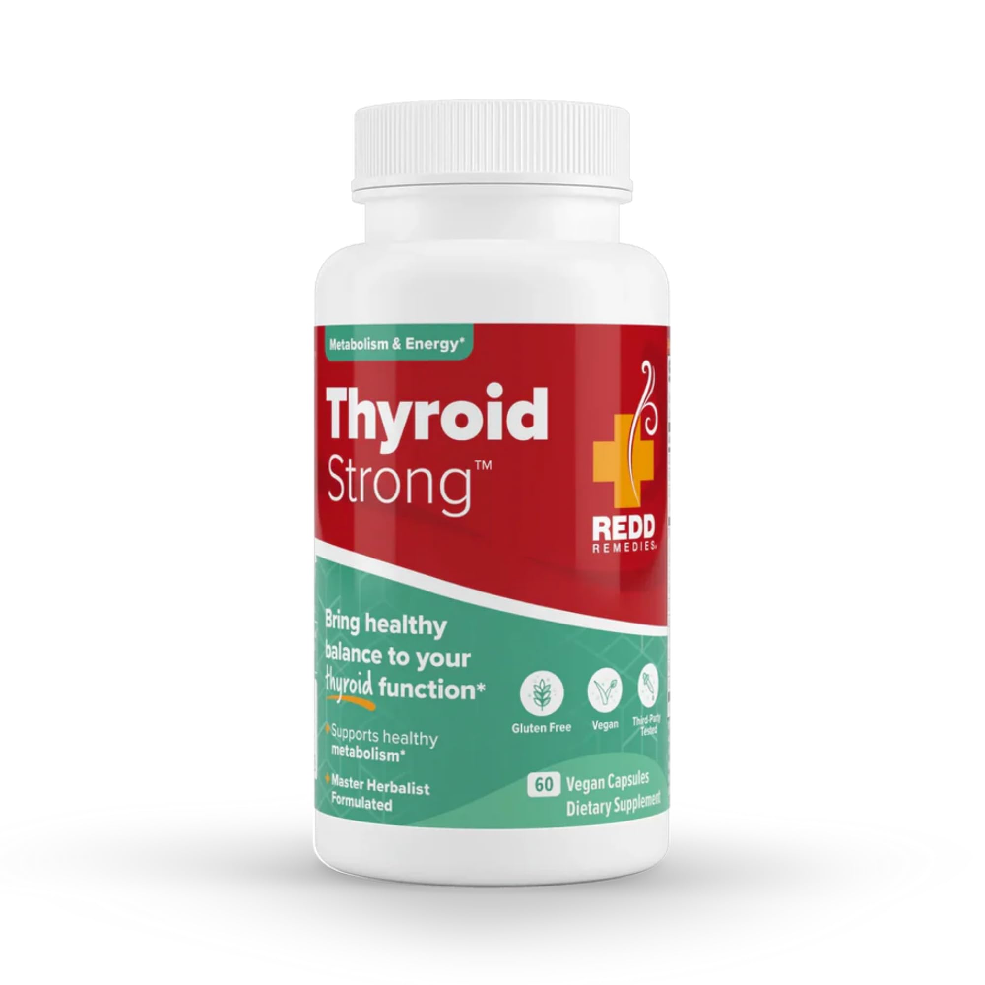 Redd Remedies Thyroid Strong bottle pour showing easy daily dosing for balanced energy