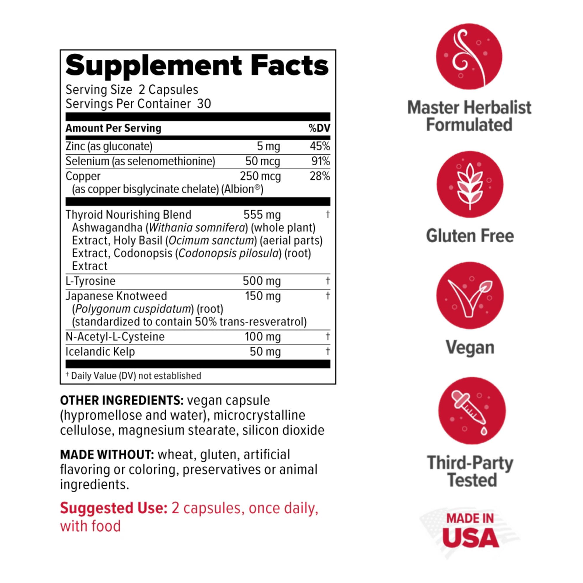 Redd Remedies Thyroid Strong capsules closeup highlighting vegan formula for hormone support