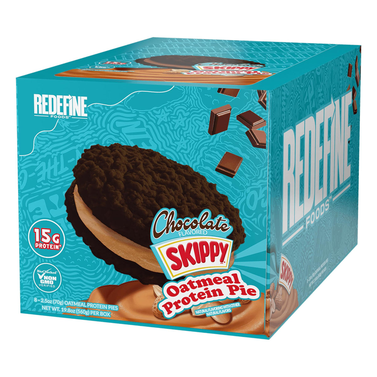 REDEFINE Oatmeal Protein Pie chocolate bar close-up shows creamy SKIPPY peanut butter for a high-protein snack.