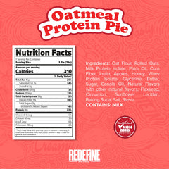 REDEFINE Oatmeal Protein Pie cross-section with marshmallow filling and chewy oats visible.