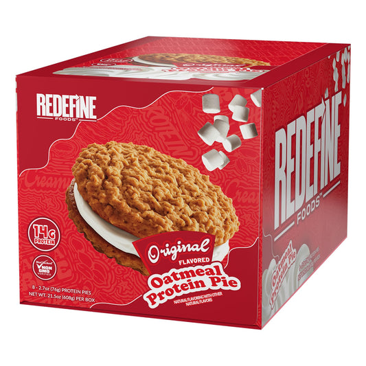 REDEFINE Oatmeal Protein Pie original packaging showing eight-count box for on-the-go snacking.