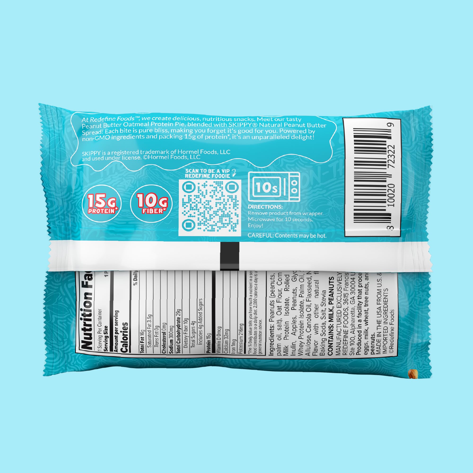 REDEFINE Oatmeal Protein Pie served on plate with SKIPPY, ideal quick snack.