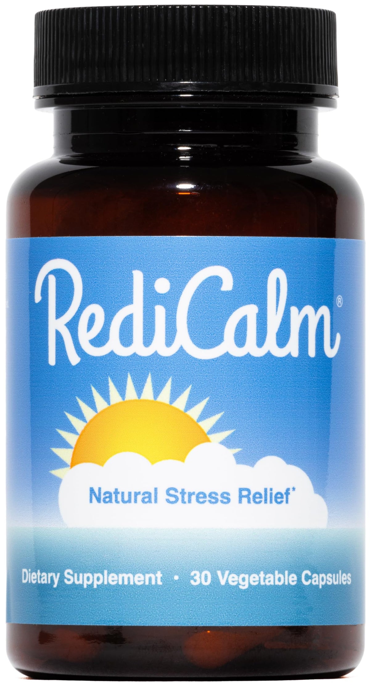 RediCalm bottle front view, vegan non-GMO gluten-free supplement for daily stress support.