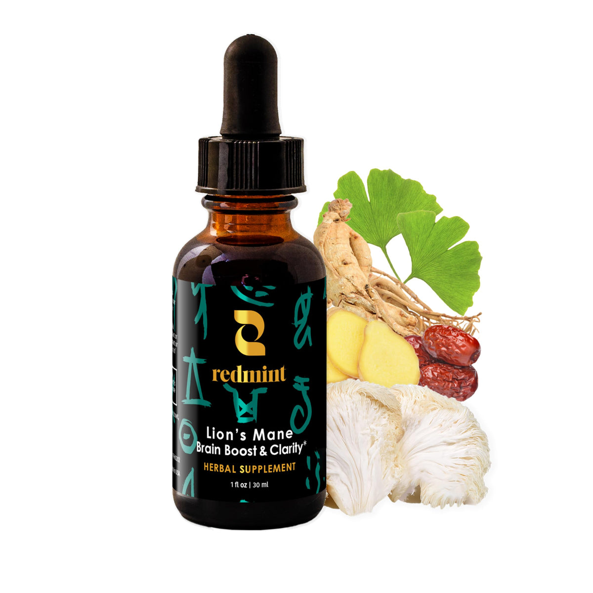 Redmint Lion's Mane tincture bottle for brain support and daily focus