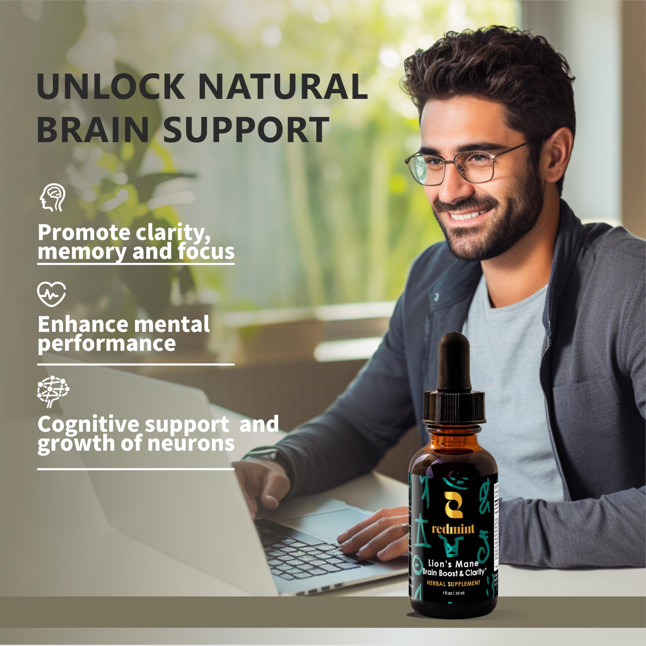 Redmint Lion's Mane tincture with ginseng roots for balanced energy