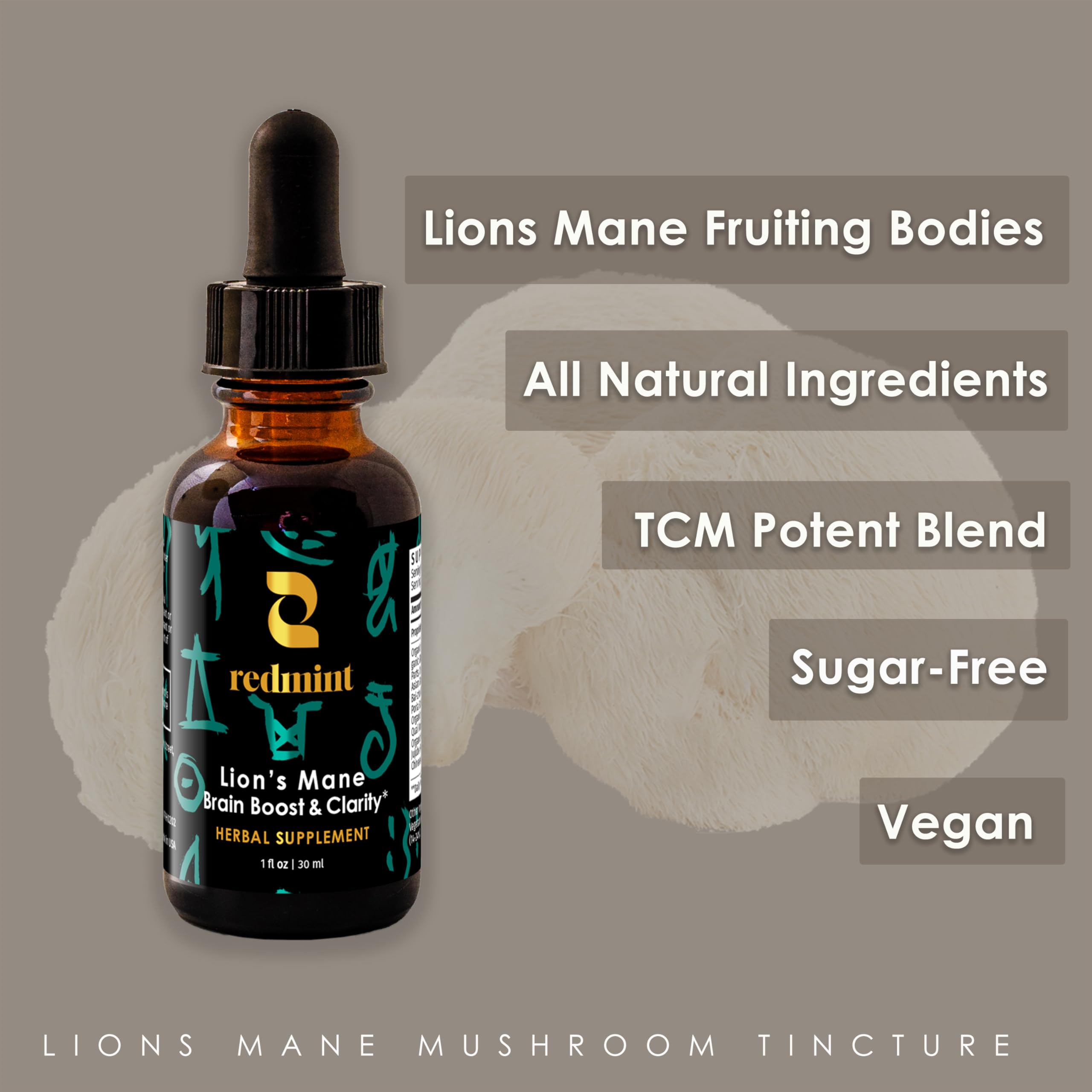 Redmint Lion's Mane tincture jar label for daily wellness