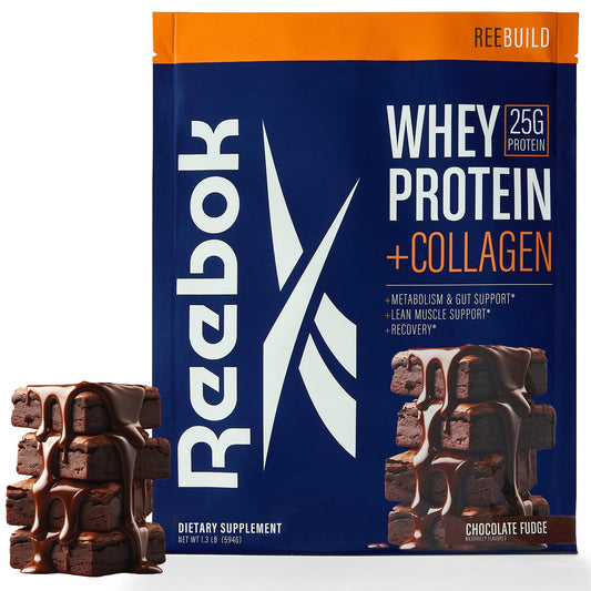 Reebok Whey Protein + Collagen Tub with 25g protein for daily recovery.