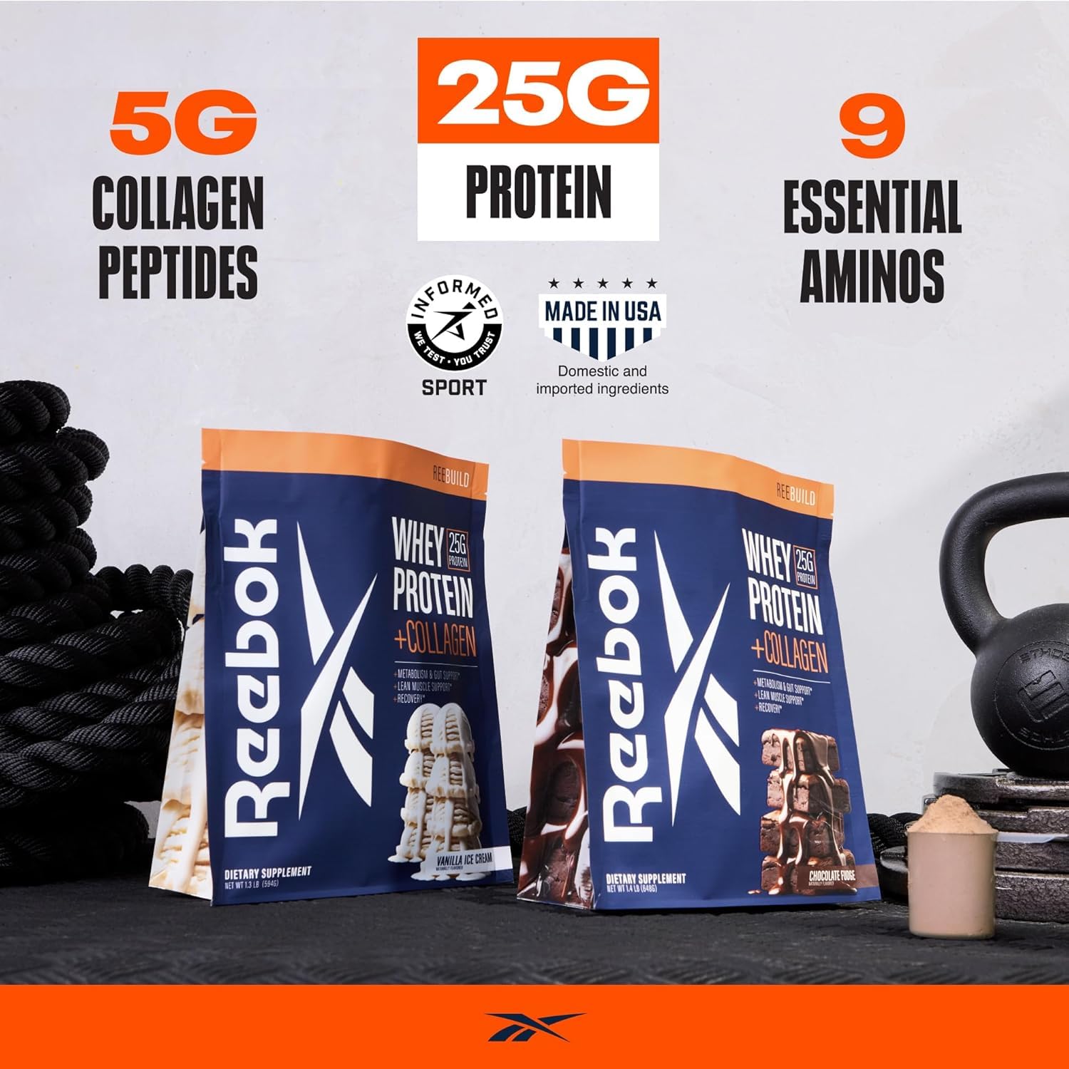 Reebok REEBUILD collagen peptides bottle highlights joint and gut support.
