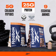 Reebok REEBUILD collagen peptides bottle highlights joint and gut support.