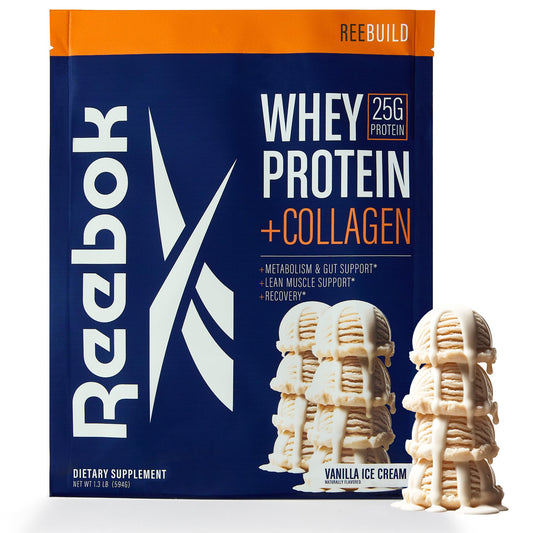 Reebok REEBUILD vanilla ice cream tub supports post-workout recovery.