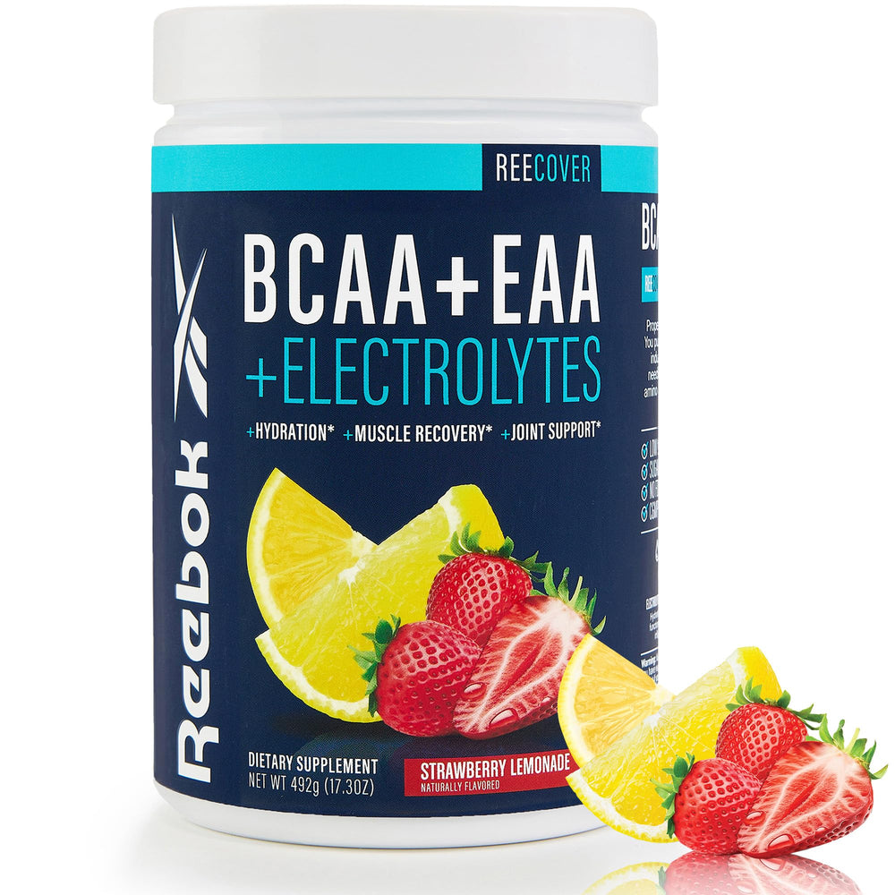 Reebok REEcover label close-up showing amino acids and electrolytes for post-workout recovery.