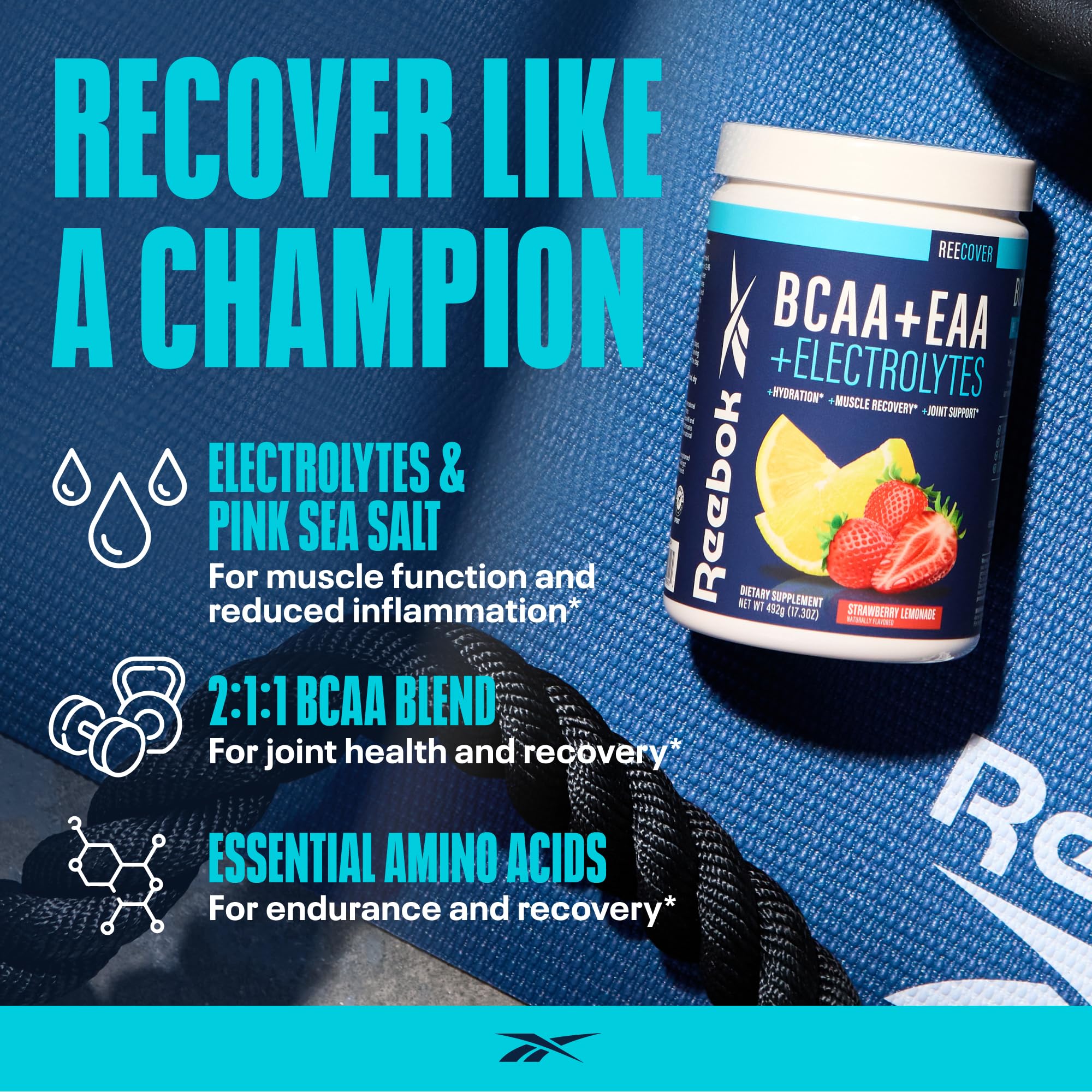 REEcover scooping powder for mixing highlights fast-acting EAAs and BCAAs benefits.