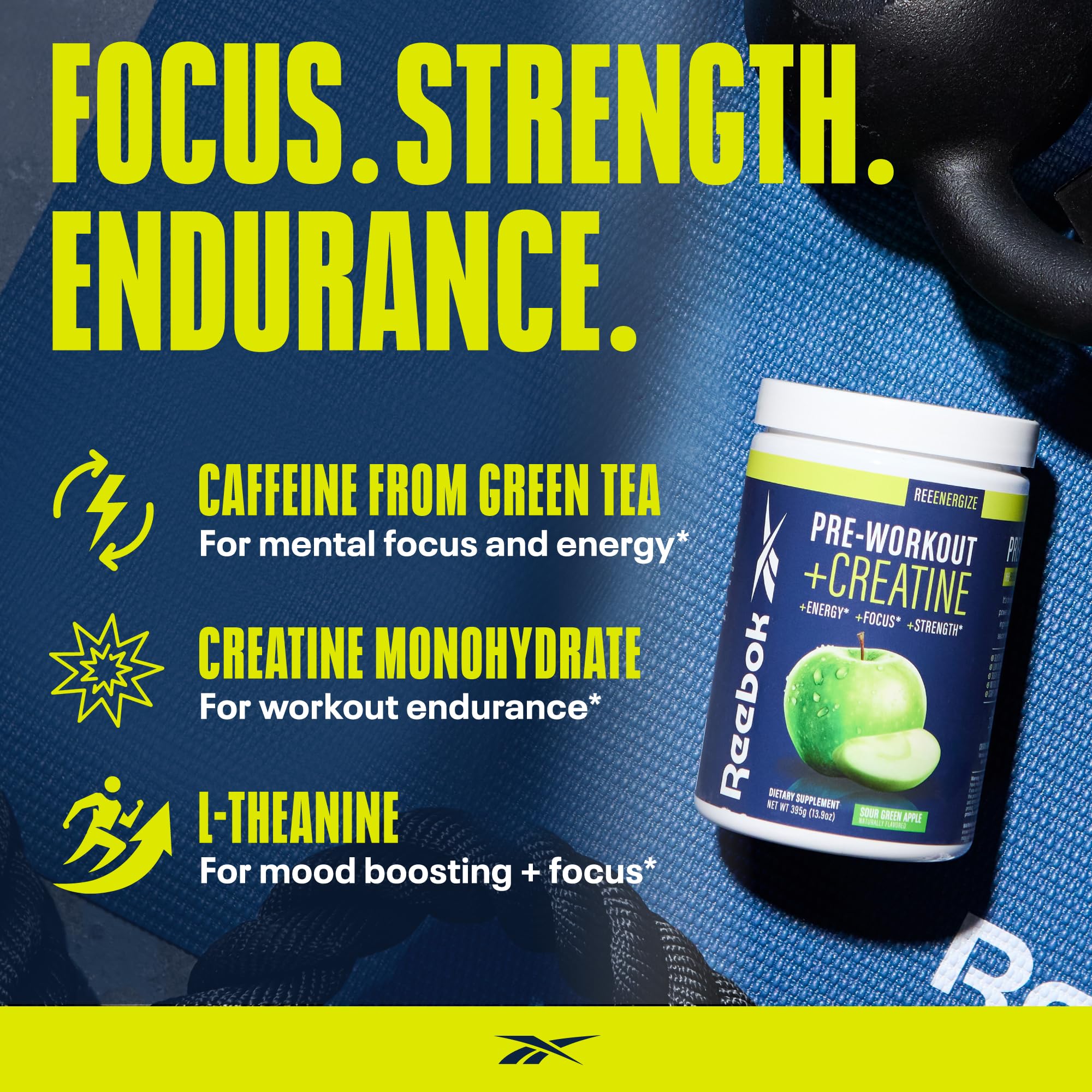 Reebok REEenergize label front shows ingredients and benefits at a glance.