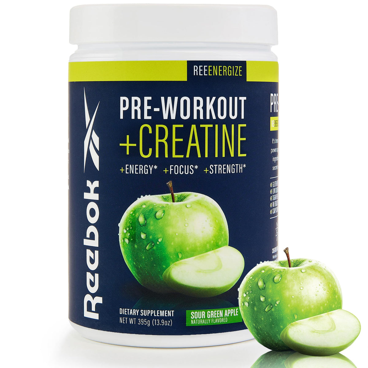 Reebok REEenergize preworkout powder jar boosts clean energy for workouts.
