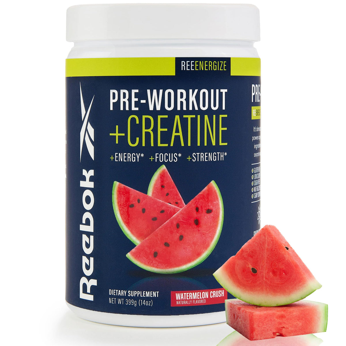 Reebok REEenergize tub label showing watermelon crush packaging and clean energy.