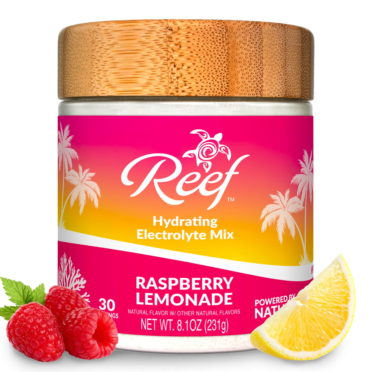 Reef Replenish Raspberry Lemonade bottle offering a refreshing hydration option.