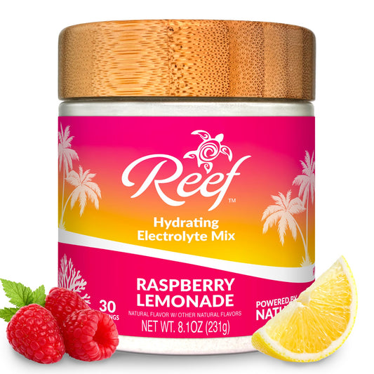Reef Replenish Raspberry Lemonade bottle offering a refreshing hydration option.