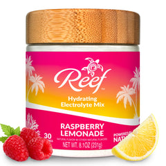 Reef Replenish Raspberry Lemonade bottle offering a refreshing hydration option.