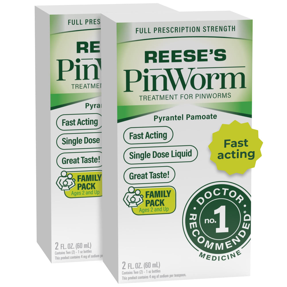 REEESE'S PINWORM Medicine bottle being poured for quick, family-friendly dosing.