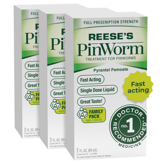 Reese's Pinworm Medicine bottle for quick, single-dose family relief.