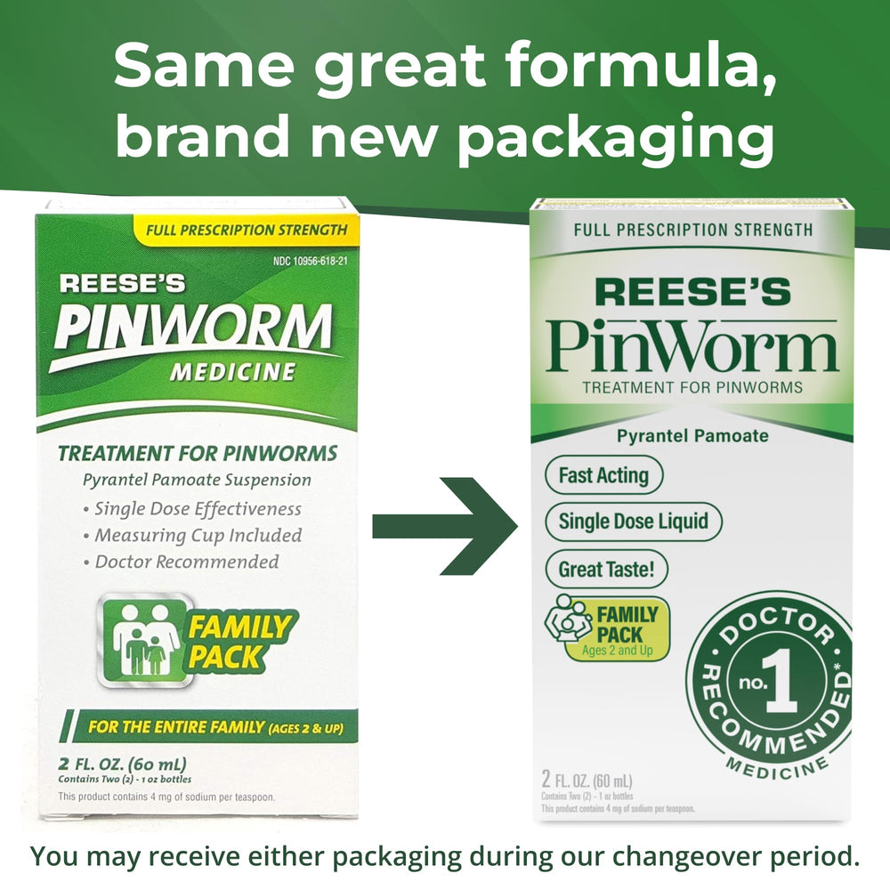 Reese's Pinworm Medicine dosing cup included for accurate single-dose measurement.