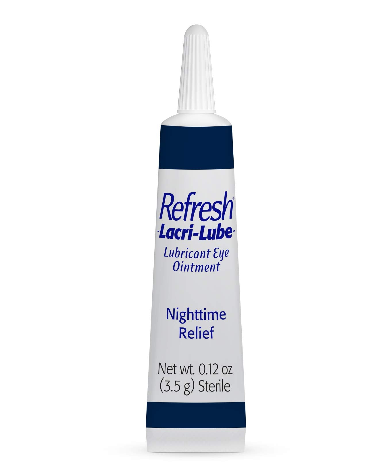 Refresh Lacri-Lube tube close-up highlighting compact, travel-friendly packaging.