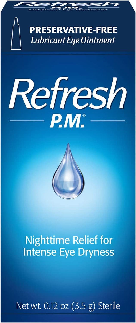 Refresh P.M eye ointment tube close-up showing nighttime relief for dry eyes
