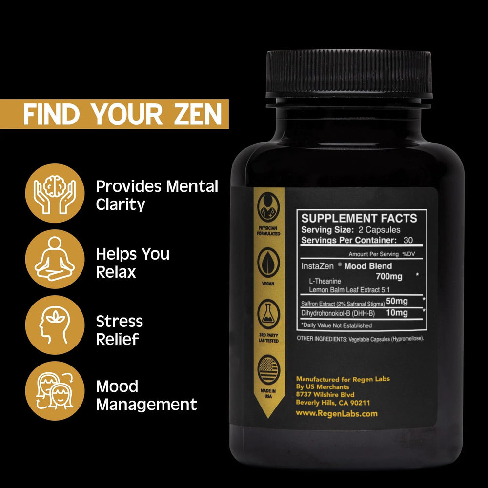Regen Labs InstaZen capsules close-up highlighting mood support features.