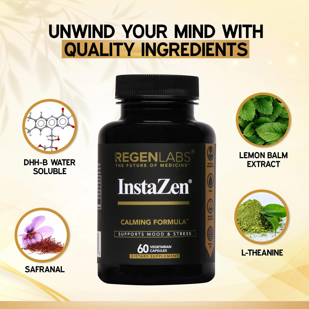 Regen Labs InstaZen label close-up emphasizes natural ingredients for calm.