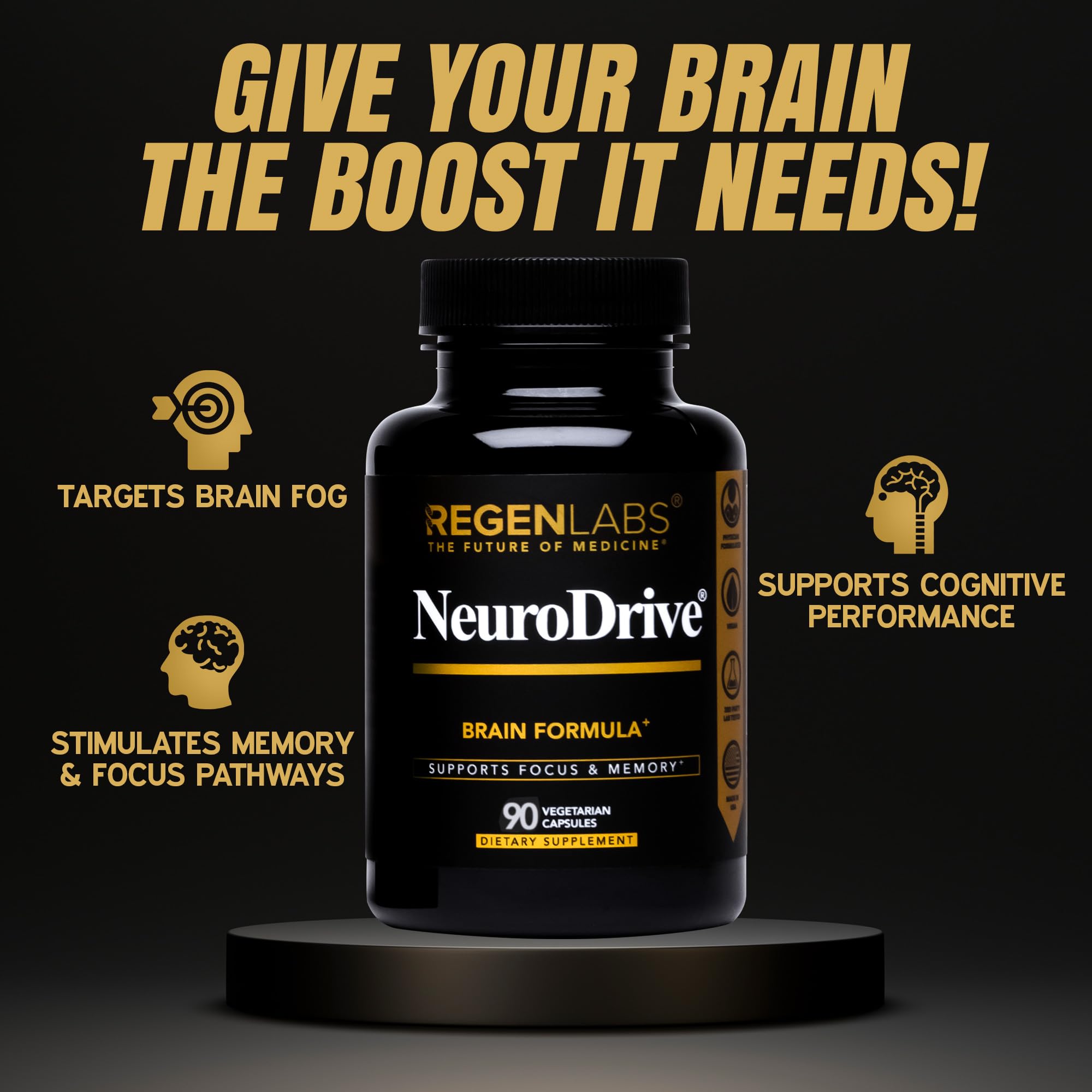 Regen Labs NeuroDrive capsules-closeup highlights vegan nootropic ingredients for memory and mental sharpness.