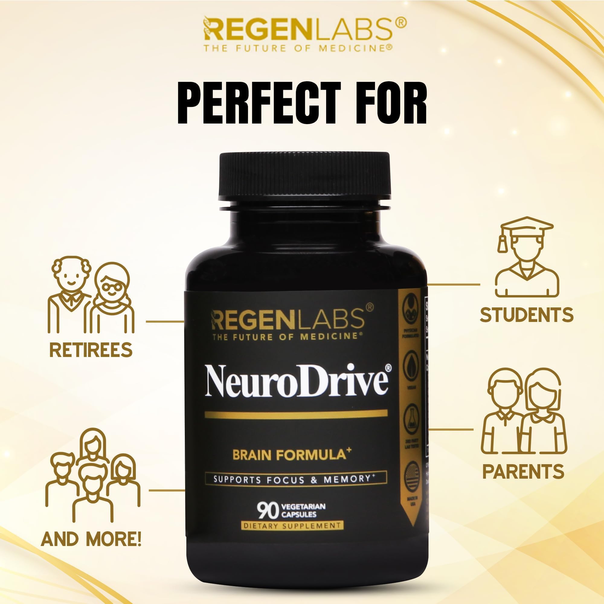 Regen Labs NeuroDrive centrophenoxine-label displays doctor-approved, non-stimulant brain health formula.