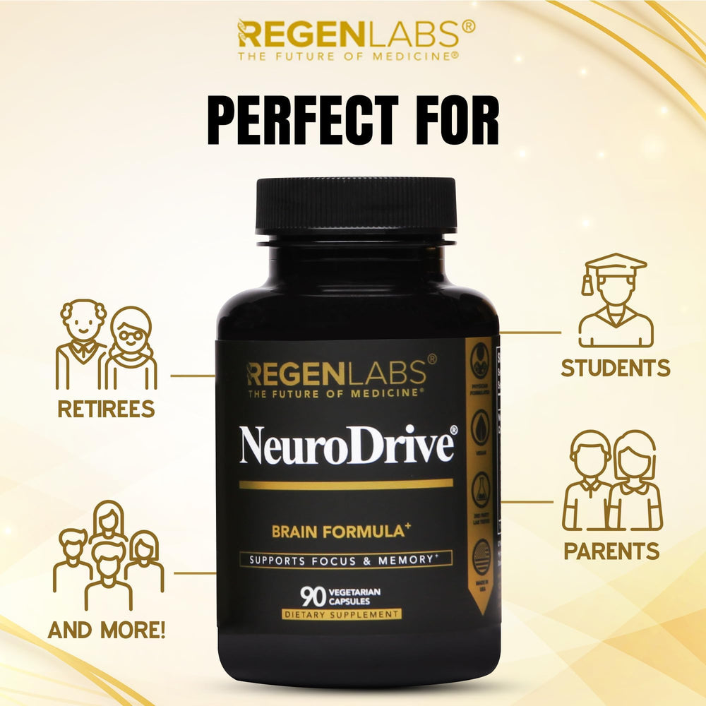 Regen Labs NeuroDrive centrophenoxine-label displays doctor-approved, non-stimulant brain health formula.