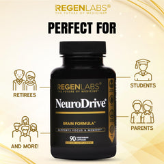 Regen Labs NeuroDrive centrophenoxine-label displays doctor-approved, non-stimulant brain health formula.