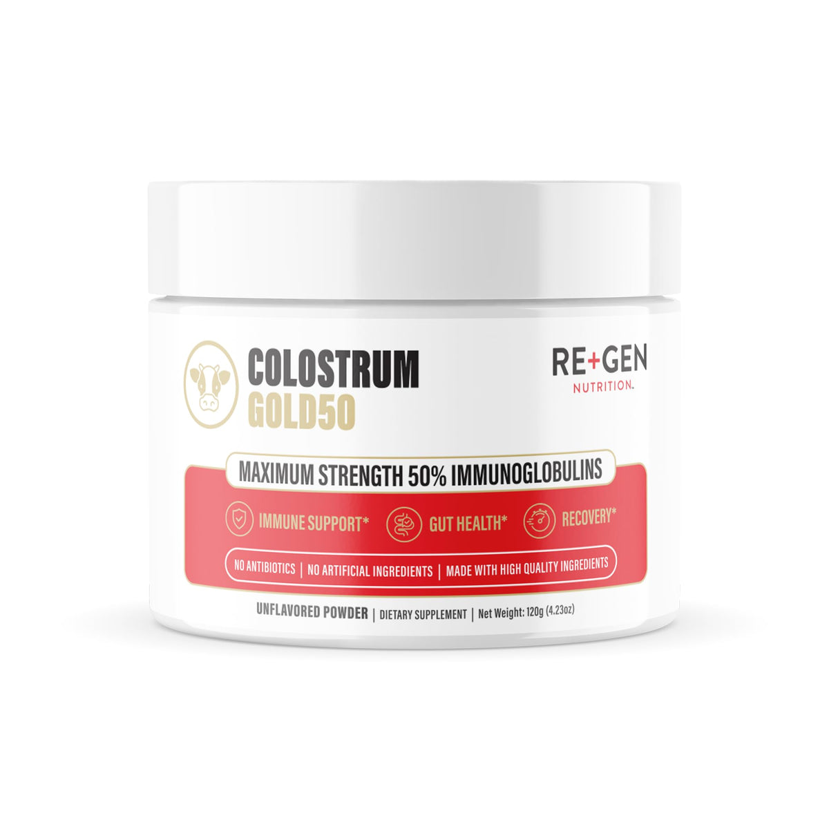 Re+Gen Nutrition Colostrum Gold 50 bottle shows grass-fed formula for gut health support.
