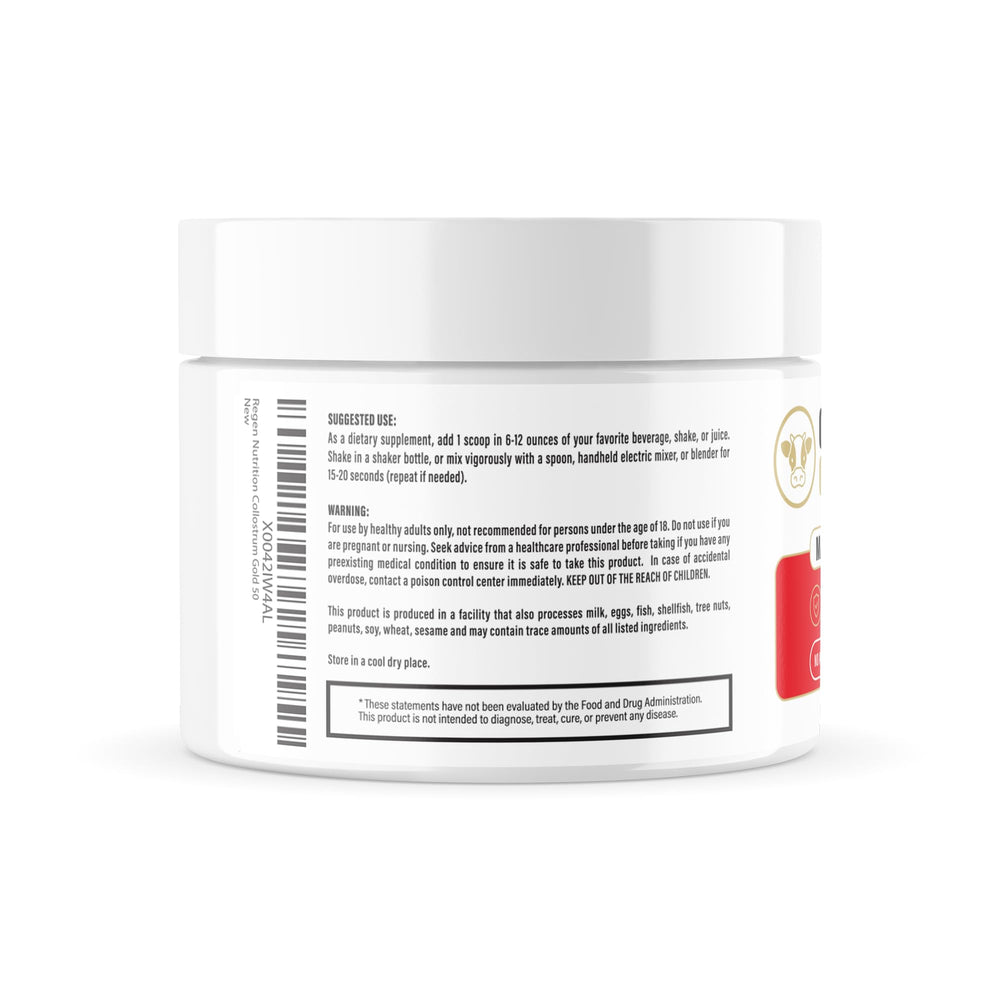 Re+Gen Colostrum Gold 50 family use suggests safe daily supplement for households.