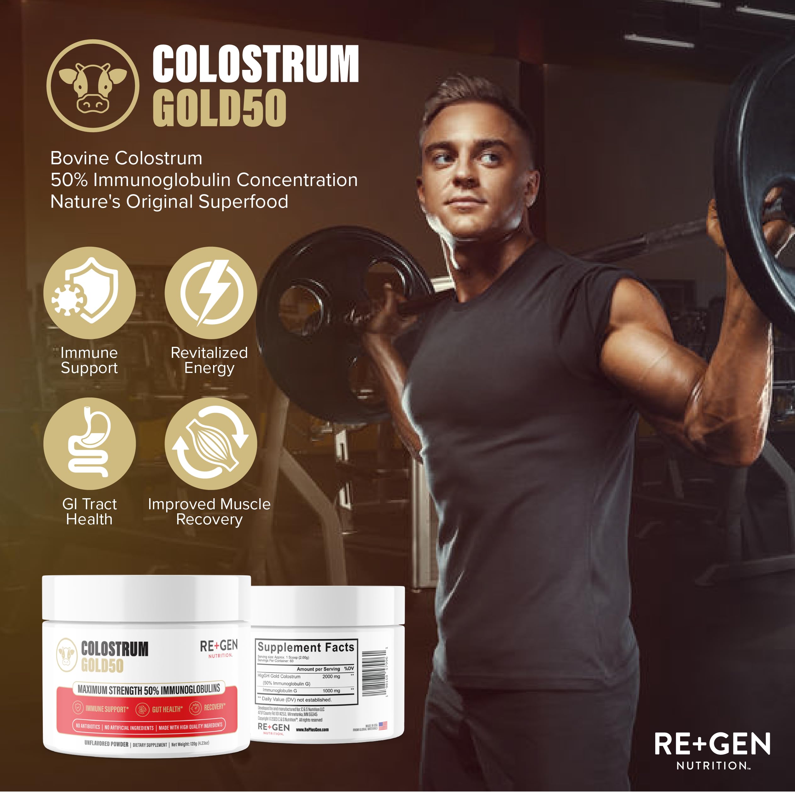 Re+Gen Colostrum Gold 50 grass-fed origin supports premium quality.