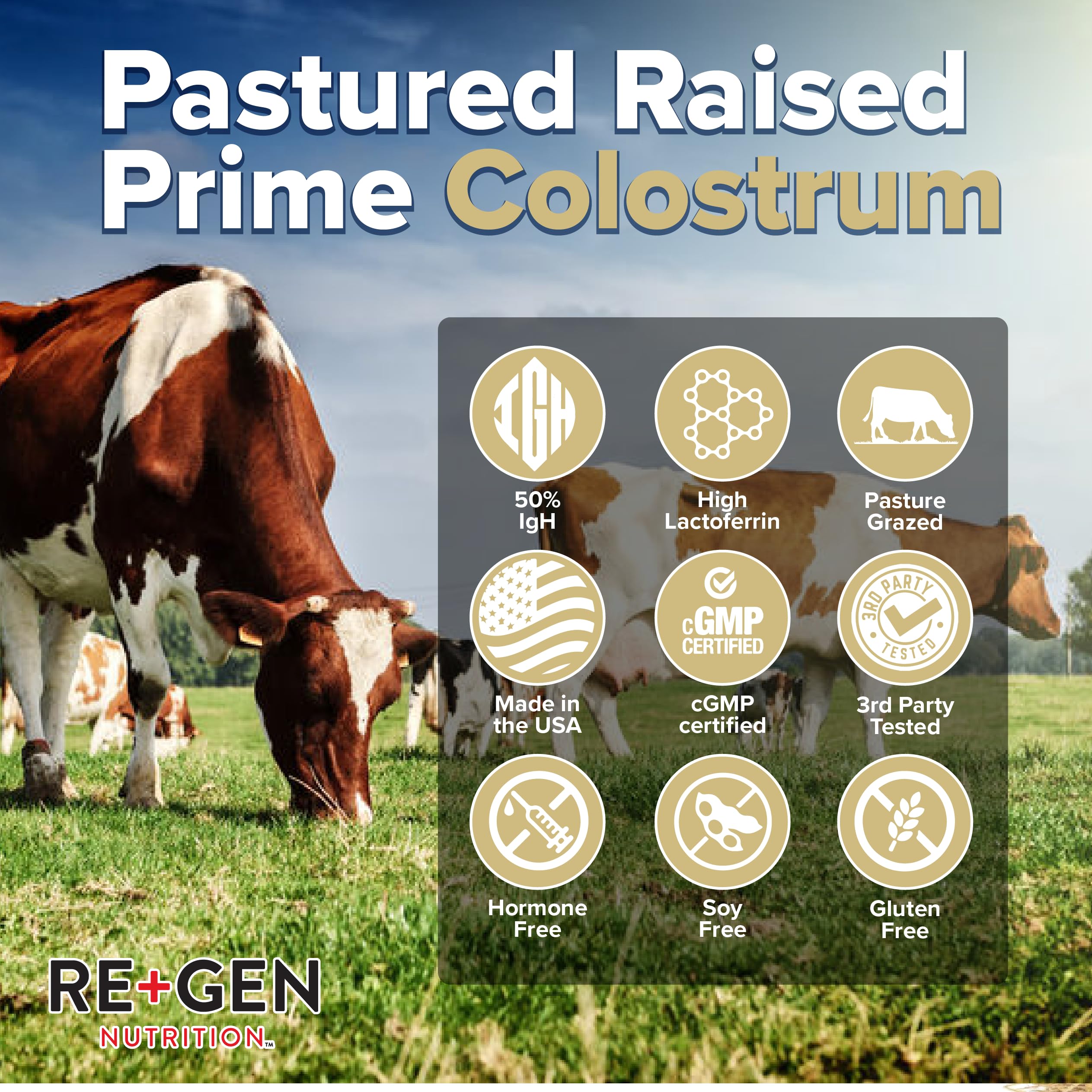 Re+Gen Colostrum Gold 50 ingredients panel emphasizes a clean gluten-free formulation.