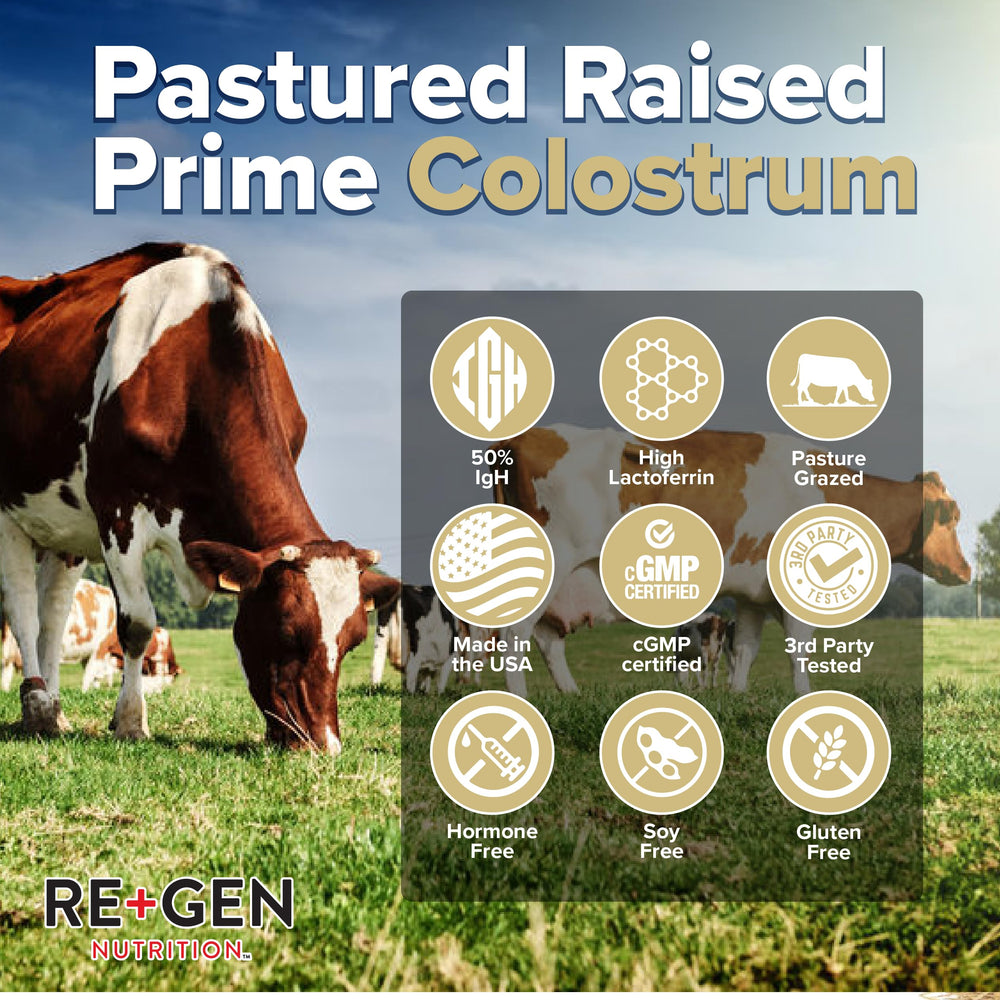 Re+Gen Colostrum Gold 50 ingredients panel emphasizes a clean gluten-free formulation.