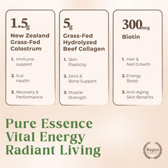 Regen Vitality glass and product highlighting hair, skin, and nails support.