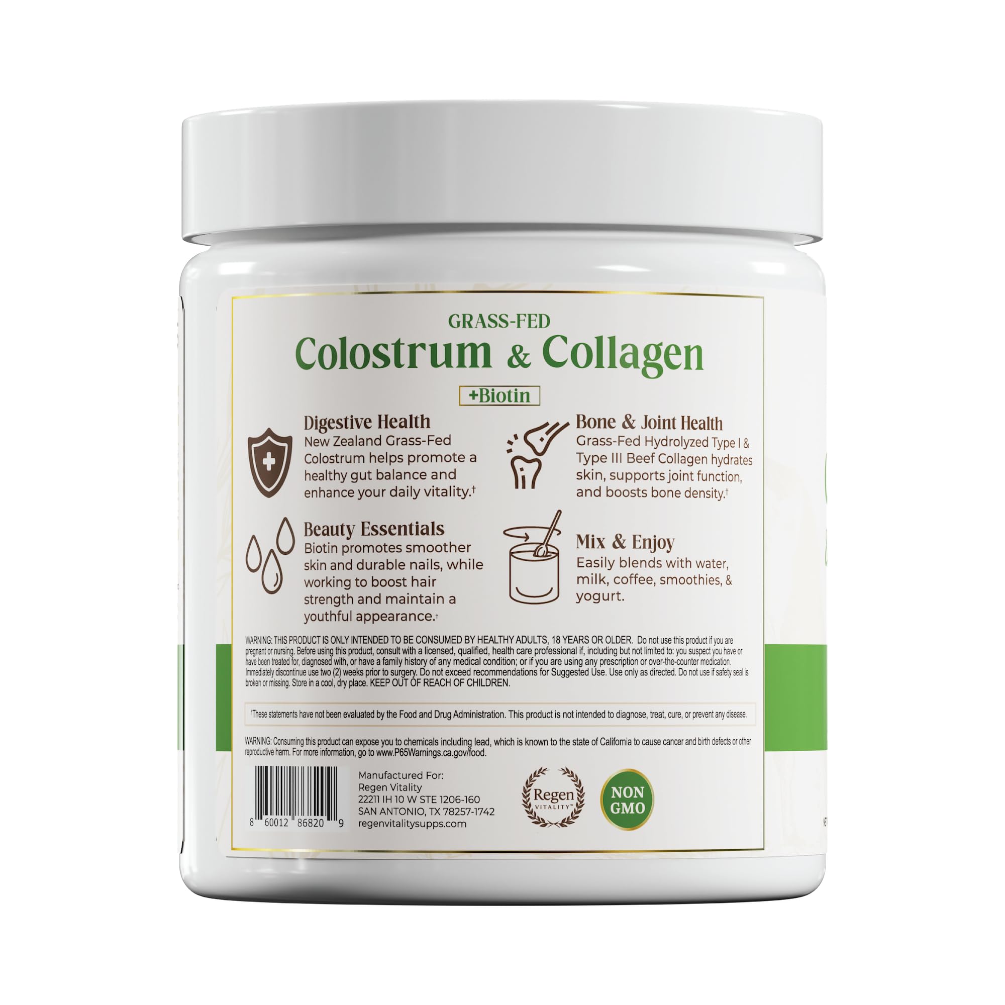 Regen Vitality shake hinting at immune and gut support benefits.